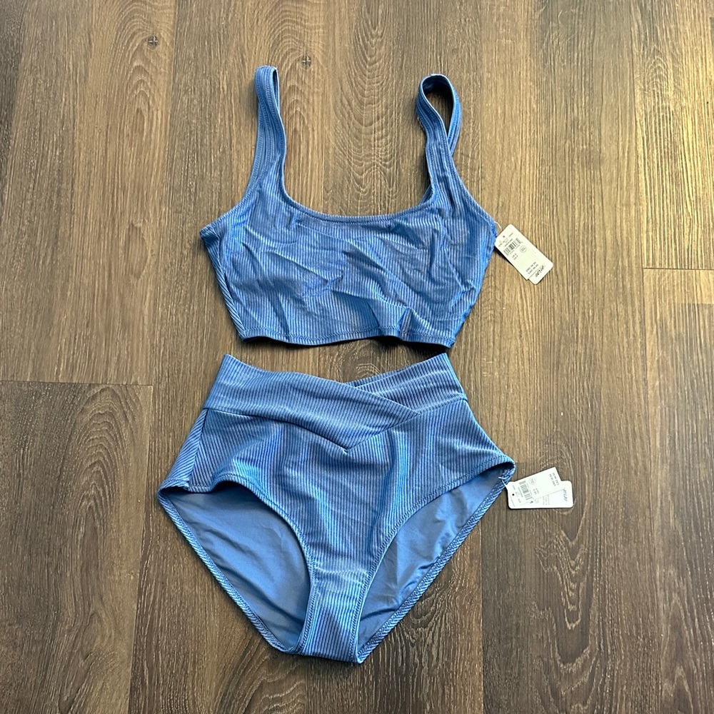 aerie Ribbed Scoop Bandeau Bikini Set in Blue
